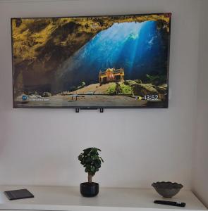 a tv on a wall with a picture on the wall at Grand Apartman - 5 Star Luxury Podhajska Apartman in Podhájska