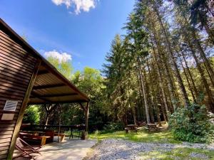 a pavilion with a picnic table in the woods at Chalet de la Folie in Martelange