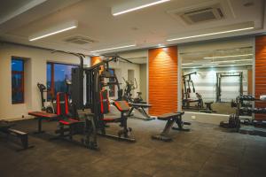 une salle de sport avec plusieurs tapis de course et machines à roulettes dans l'établissement The Pearl Club Resort, à Santiniketan