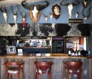 a bar with some antlers on the wall at The Wakkerstroom Hotel in Wakkerstroom