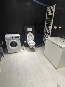 a bathroom with a toilet and a washing machine at Appartement Leyla in Brussels