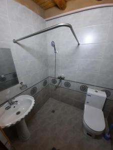 a bathroom with a toilet and a sink at Ulugbeks guesthouse in Yukary-Ukhum