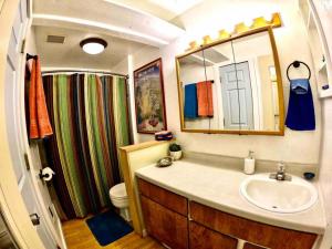 a bathroom with a sink and a toilet and a mirror at Ski Bunny Studio Walkable to Ski Lifts in Big Sky +23 photos