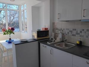 a kitchen with a sink and a microwave at Dulce Luna in Bucharest
