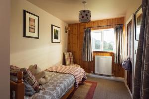 a bedroom with a teddy bear sitting on a bed at Eira's Cottage in Nolton