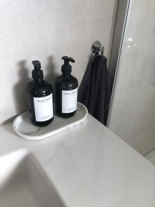 two bottles of soap sitting on a shelf in a bathroom at Apartment PfalzGlück in Dahn