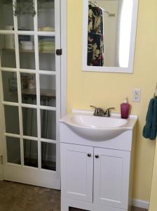 a bathroom with a white sink and a mirror at Historic Upstairs Apartment in Bellevue +16 photos