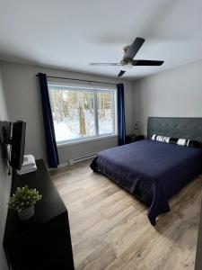 a bedroom with a bed and a large window at Chalet Desroy in Chertsey +31 photos