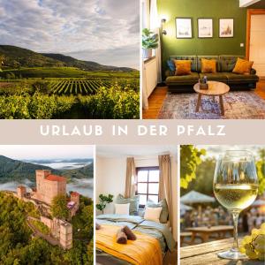 a collage of images of a hotel room with a view of a vineyard at Familienglück im Waldglück Pfalz in Gleisweiler