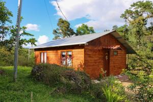 a small wooden house with a metal roof at Cabaña La Esmeralda in Pejibaye