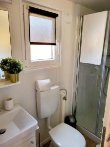 Un baño con inodoro, lavabo y ducha. en Michelle Mobile Home, en Biograd na Moru