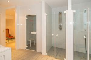 a bathroom with a shower and a glass shower stall at Seebad Ahlbeck - Haus MIRAMAR in Heringsdorf