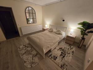 巴亚马雷Apus的一间卧室配有一张带两盏灯和地毯的床。