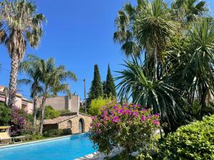 a swimming pool surrounded by palm trees and flowers at Les deux mas in Bormes-les-Mimosas