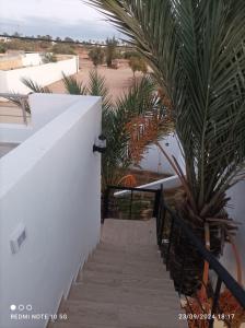 a stairway leading up to a white building with a palm tree at Villa Léann in Mezraya