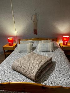 a bedroom with two beds with pillows and two lamps at Maison de village avec vue sur les montagnes et jardin privatif in Montauban-de-Luchon