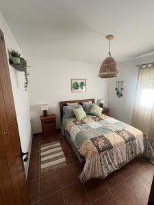 a bedroom with a bed and a potted plant at Villa Antaquira in Antequera