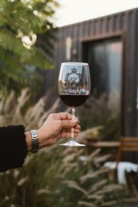 a person holding up a glass of wine at La Finca de Vane in Valle de Guadalupe
