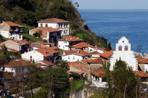 a group of houses on a hill next to the ocean at Hotel El Pescador in Tazones