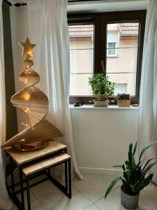 a christmas tree in a room with a window at Beautiful apartment of 67 m2 near Strasbourg in Bischheim