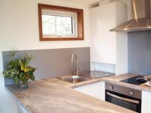 a kitchen with a sink and a vase of flowers at Longtails Lodge, near Bantham in Bantham