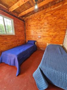 a bedroom with two beds in a wooden room at Complejo Huayra Huasi in Villa Bustos