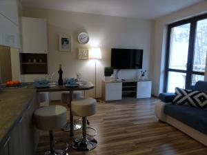 a kitchen and living room with a table and a couch at Apartament Przy Plaży in Krynica Morska
