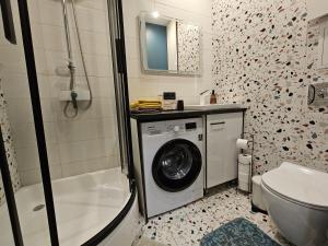 a bathroom with a washing machine and a toilet at Luxury Stable 1 in Rēzekne +15 photos