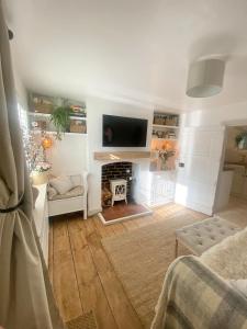 a living room with a fireplace and a tv at Charming One Bed Cottage in Historic Market Town in Romsey