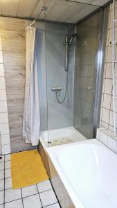 a bathroom with a shower and a tub with a glass door at 80qm Monteuroase in Melsungen - Schwarzenberg MwSt ausweisbar in Melsungen