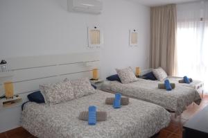 two beds in a room with blue pillows on them at Villa Mónica by Mirador de Sotavento Apartments in Cardón +25 photos