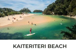 een man op een surfplank in het water op een strand bij Kiwi Caravan Experience in Motueka +8 foto's