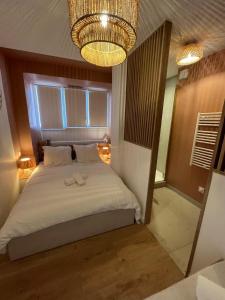 a bedroom with a bed with a chandelier at Escapade Méditerrannéenne Appart' Cosy et Élégant in Toulon