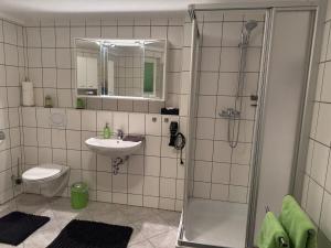 a bathroom with a shower and a sink and a toilet at Wohlfühloase mit Wasserbett in Bodelshausen +11 photos
