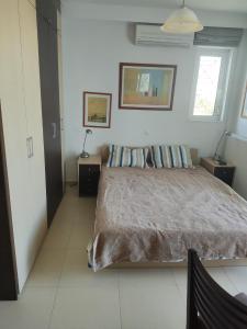 a bedroom with a large bed with two night stands at Greece-Kyllini am Strand ruhiges OG, Tierfreunde in Neochórion