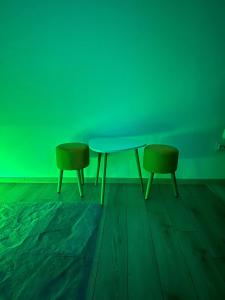 a table and two chairs in a green room at Leo Home in Tîrgu Ocna