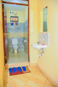 a bathroom with a shower and a sink and a toilet at Hossanah Furnished one bedroom in Kasarani,Nairobi in Nairobi