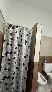 ビヤ・マリアにあるLOS TATOS 2 con cocheraのシャワーカーテンとトイレ付きのバスルーム