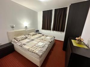 a bedroom with a large bed and two windows at Private apartment in Prespa in Bansko