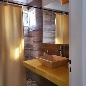 a bathroom with a sink with a mirror and a shower at Espectacular Duplex wine story Tupungato in Tupungato
