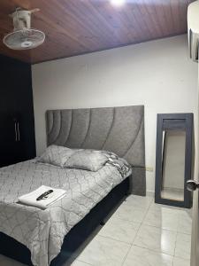 a bedroom with a bed with a gray headboard and a mirror at Casa con tres dormitorios y garaje in Montería