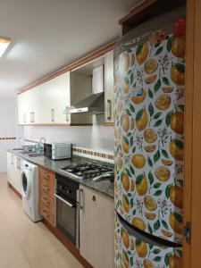a kitchen with a curtain with fruits and vegetables on it at Piso amplio de 3 habitaciones, 2 baños, ascensor y parking in Burriana