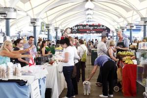 a group of people standing around a market with a dog at Close to Light Rail UNSW Centennial Park Beach Free Parking in Sydney