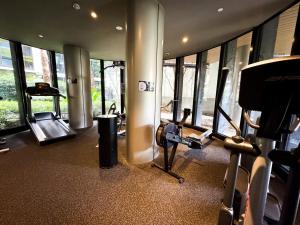 a gym with a bunch of equipment in a room with windows at North Melbourne Retreat in Melbourne