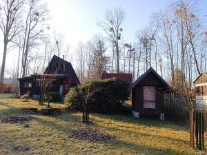 a couple of houses in a yard with trees at Chata Evička a Jiříček in Raškovice +14 photos