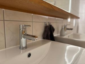 een wastafel met een chromen kraan erop bij Chesa Piz mit privater Sauna in Pfronten