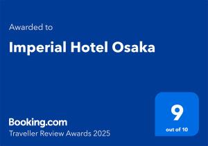 Certifikát, hodnocení, plakát nebo jiný dokument vystavený v ubytování Imperial Hotel Osaka
