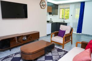 a living room with a tv and a couch and a table at E-Residences in Gulu