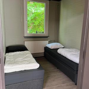 two beds in a room with a window at Bungalow Zandzegge | 4 personen - Vakantiepark De Kremmer in Gasselte