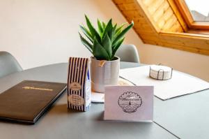 un tavolo con un libro e una pianta in un vaso di KleineMuschelbude a Dornum